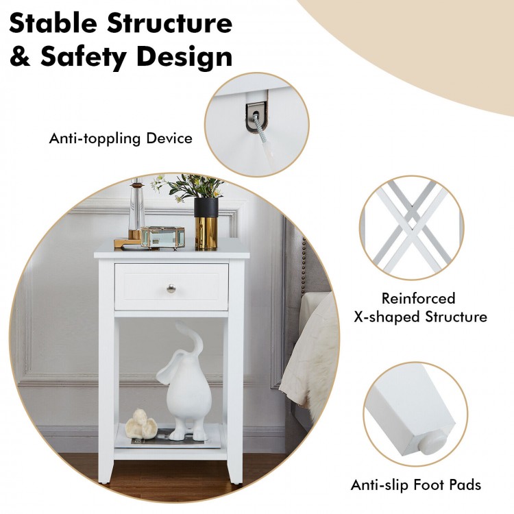 White storage end bedside nightstand featuring a slide-out drawer and bottom shelf for convenient storage.